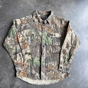 Vintage Rattlers Brand Realtree Camo Heavy Chamois Shirt Mens L USA Made Fall